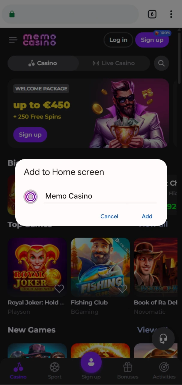 Give the Memo Casino shortcut a name and add it to the home screen.
