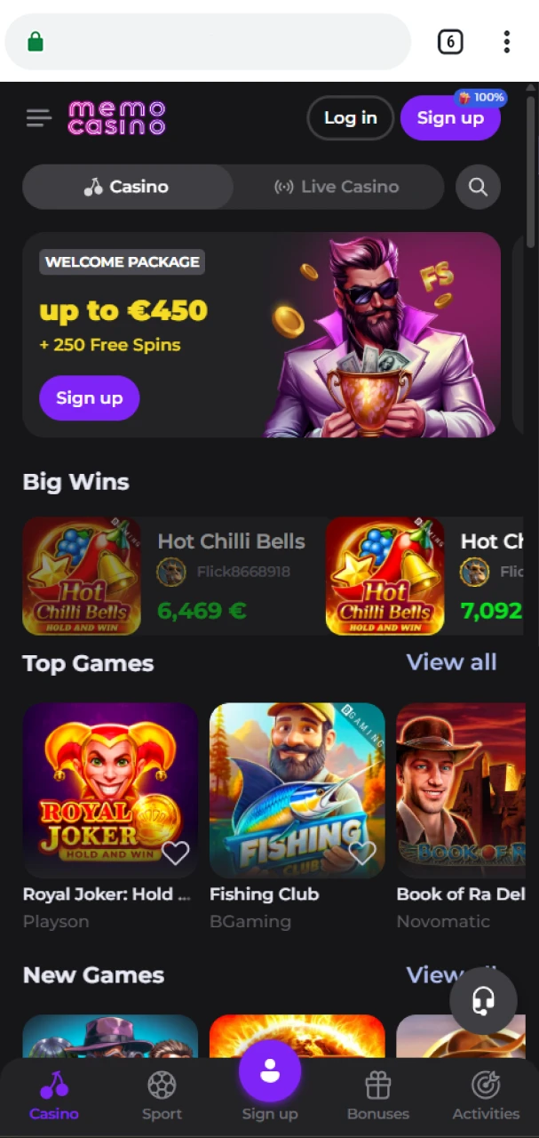 Open the official Memo Casino website in the browser.