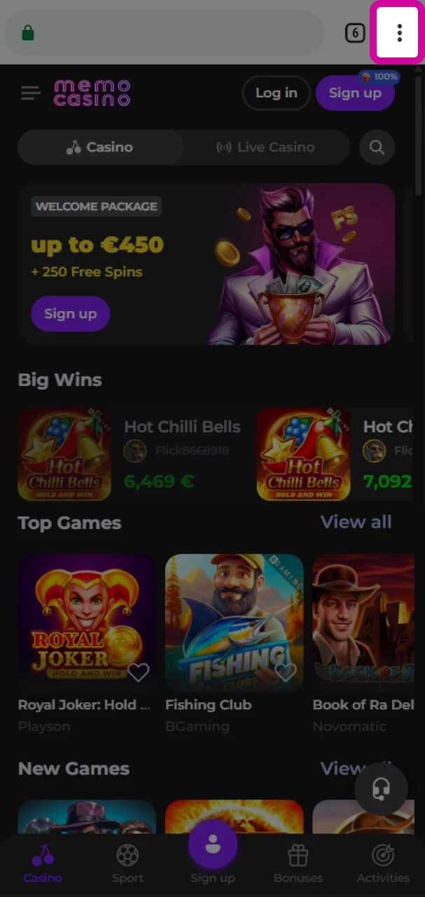 Click on the browser menu to add the Memo Casino shortcut.