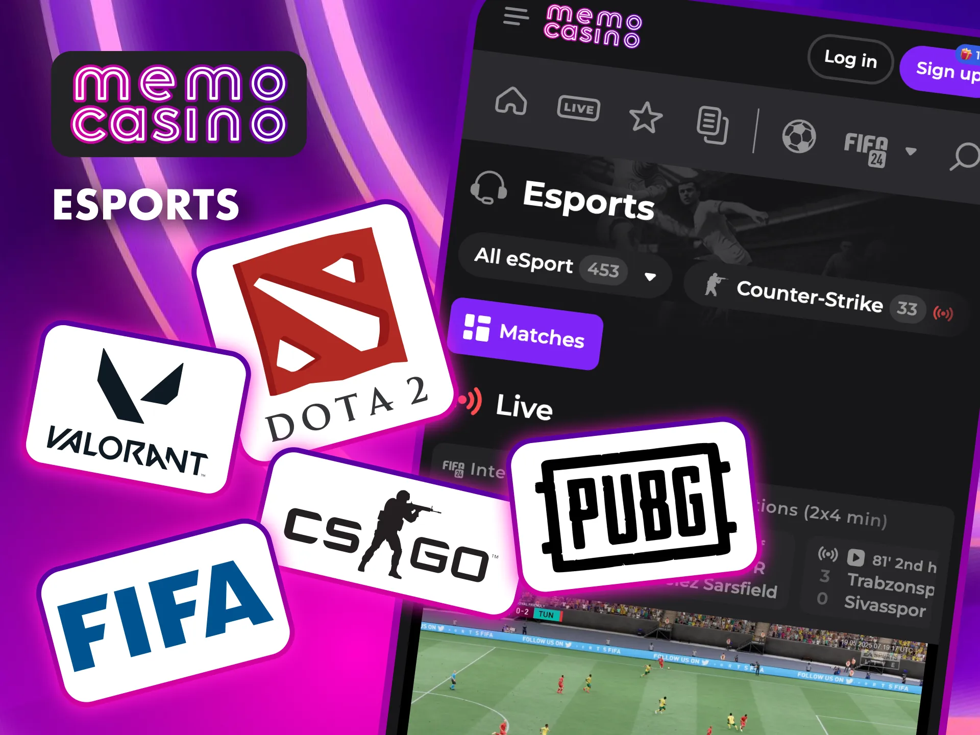 Bet on top Esports titles like CS 2, Dota 2, and Valorant at Memo Casino.