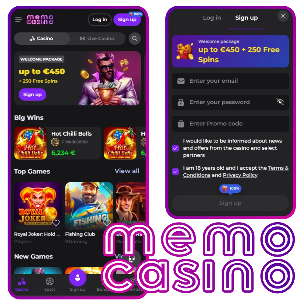Add the mobile version of the Memo Casino website to your Android or iOS device.