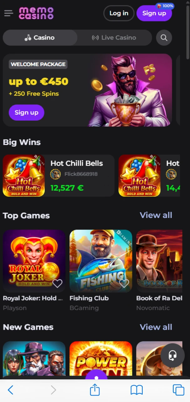 Open the Memo Casino website in the browser on your iOS device.