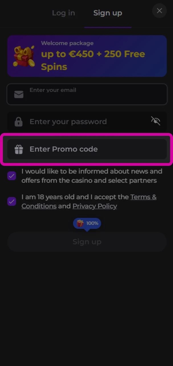 Enter the promo code and proceed with your registration at Memo Casino.