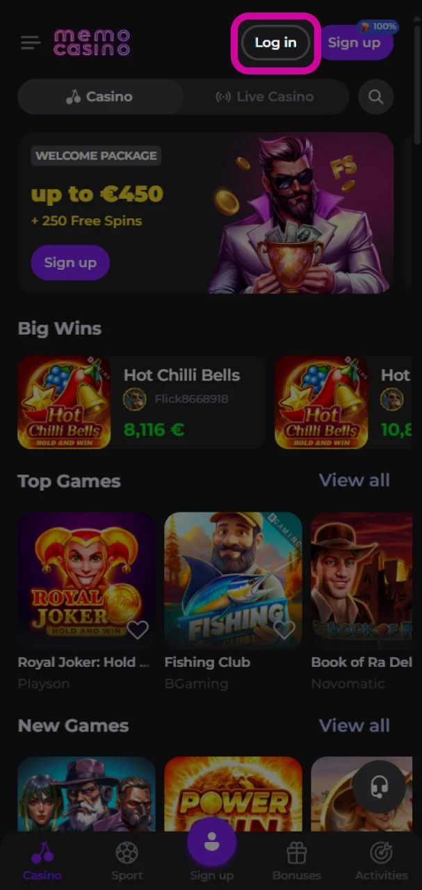 Open the login form to sign in to your Memo Casino account.