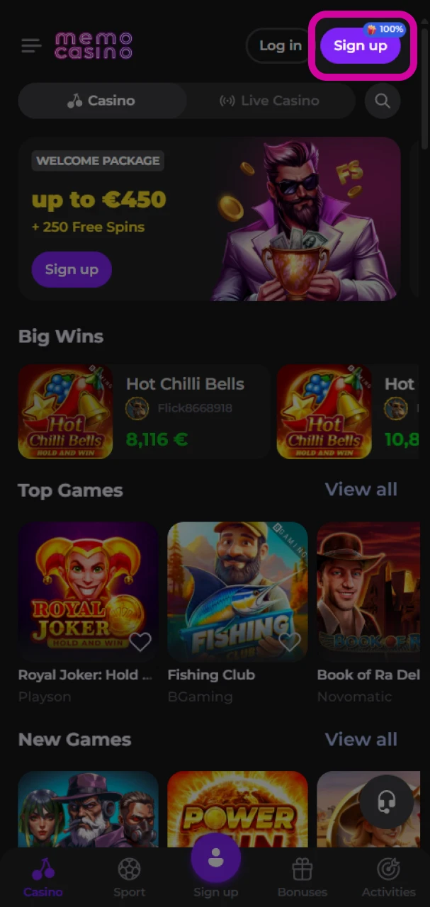 To open the Memo Casino registration form, click on the “Sign Up” button.