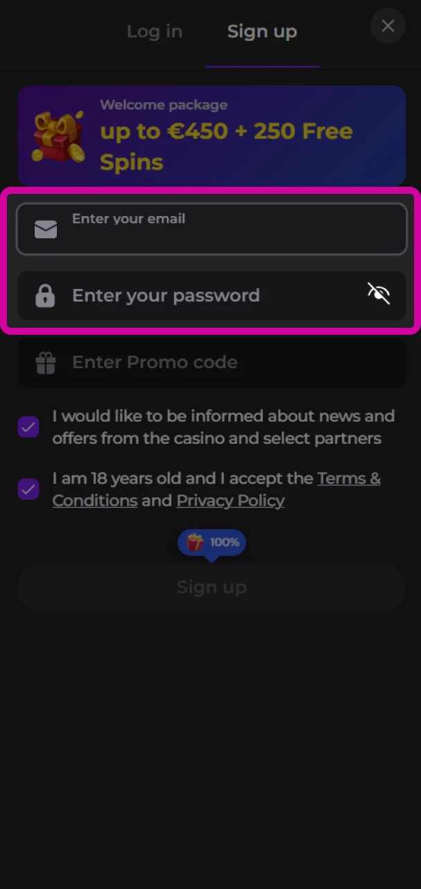 Add your email and come up with a password to sign up for Memo Casino.