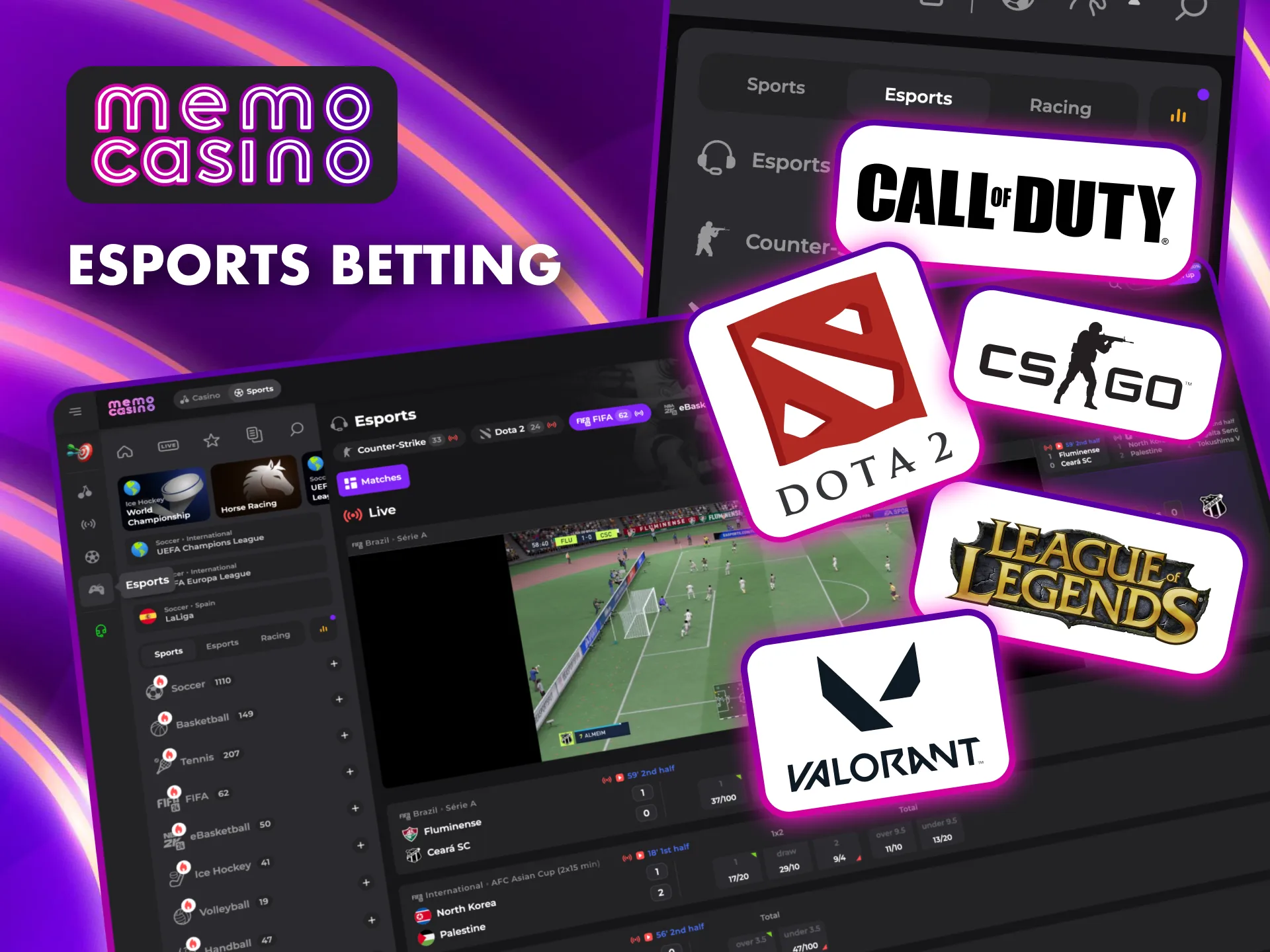 Experience the excitement of Memo Casino Esports Betting with over 20 game titles.